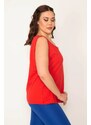 Şans Women's Plus Size Red Cotton Fabric Crew Neck Sleeveless Blouse