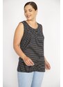 Şans Women's Black Plus Size Sleeveless Striped Lycra Viscose Blouse