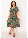 Şans Women's Plus Size Colorful Waist Draped Floral Pattern Dress