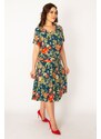 Şans Women's Plus Size Colorful Waist Draped Floral Pattern Dress