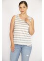 Şans Women's Gray Plus Size Crew Neck Sleeveless Striped Blouse