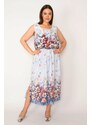 Şans Women's Plus Size Blue Patterned Dress with Elastic Waist