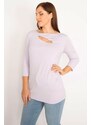 Şans Women's Plus Size Lilac Collar Blouse With Stones And Side Shims Detail