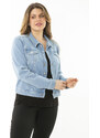 Şans Women's Plus Size Blue Lycra Denim Coat with Metal Buttons