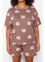 Trendyol Curve Brown Teddy Bear Printed Cotton Knitted Pajamas Set