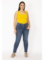 Şans Women's Plus Size Navy Blue 5-Pocket Lycra Jeans With Elastic Side Belts