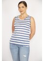 Şans Women's Indigo Plus Size Crew Neck Sleeveless Striped Blouse