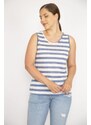 Şans Women's Indigo Plus Size Crew Neck Sleeveless Striped Blouse