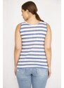 Şans Women's Indigo Plus Size Crew Neck Sleeveless Striped Blouse