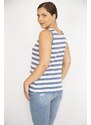 Şans Women's Indigo Plus Size Crew Neck Sleeveless Striped Blouse