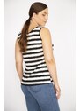 Şans Women's Black Plus Size Crew Neck Sleeveless Striped Blouse