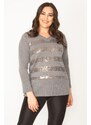 Şans Women's Plus Size Gray V-Neck Blouse with Sequin Detail