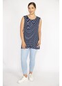 Şans Women's Navy Blue Plus Size Sleeveless Striped Lycra Viscose Blouse
