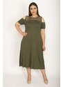 Şans Women's Plus Size Khaki Robe with Fishnet Detailed Viscose Dress