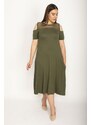 Şans Women's Plus Size Khaki Robe with Fishnet Detailed Viscose Dress