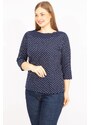 Şans Women's Navy Plus Size Cotton Fabric Points Pattern Collar Detailed Capri Sleeve Blouse