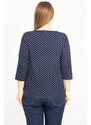 Şans Women's Navy Plus Size Cotton Fabric Points Pattern Collar Detailed Capri Sleeve Blouse