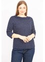 Şans Women's Navy Plus Size Cotton Fabric Points Pattern Collar Detailed Capri Sleeve Blouse