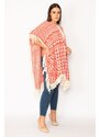 Şans Women's Plus Size Red Shawl Pattern Thick Knitwear Poncho With Tassel And Shimmer Detail