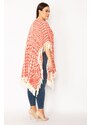 Şans Women's Plus Size Red Shawl Pattern Thick Knitwear Poncho With Tassel And Shimmer Detail