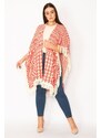 Şans Women's Plus Size Red Shawl Pattern Thick Knitwear Poncho With Tassel And Shimmer Detail