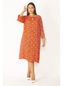 Şans Women's Red Collar And Sleeves With Lace Detail, Woven Viscose Fabric Crispy Patterned Dress