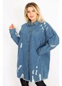 Şans Women's Plus Size Blue Ripped Detailed Loose Cut Oversized Denim Tunic Jacket