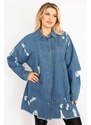 Şans Women's Plus Size Blue Ripped Detailed Loose Cut Oversized Denim Tunic Jacket