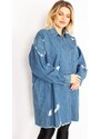 Şans Women's Plus Size Blue Ripped Detailed Loose Cut Oversized Denim Tunic Jacket