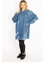 Şans Women's Plus Size Blue Ripped Detailed Loose Cut Oversized Denim Tunic Jacket