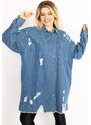 Şans Women's Plus Size Blue Ripped Detailed Loose Cut Oversized Denim Tunic Jacket