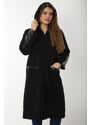 Şans Women's Plus Size Black Front Zippered Hooded Unlined Faux Leather Garnish Coat