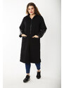 Şans Women's Plus Size Black Front Zippered Hooded Unlined Faux Leather Garnish Coat