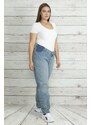 Şans Women's Plus Size Blue Denim Pants With Elastic Waist Detail