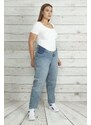 Şans Women's Plus Size Blue Denim Pants With Elastic Waist Detail