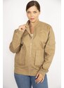 Şans Women's Camel Plus Size Front Zippered Pocket Detailed Unlined Coat