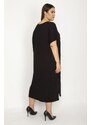 Şans Women's Plus Size Black Dress with Embroidery Detail and Side Slits