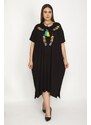 Şans Women's Plus Size Black Dress with Embroidery Detail and Side Slits