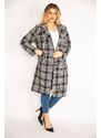 Şans Women's Plus Size Black Checkered Jacket with Front Buttons, Unlined