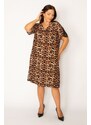 Şans Women's Plus Size Leopard Lace Detailed V-Neck Leopard Patterned Dress