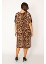 Şans Women's Plus Size Leopard Lace Detailed V-Neck Leopard Patterned Dress