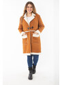 Şans Women's Plus Size Camel Shepherd Button Nubuck Coat