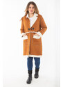 Şans Women's Plus Size Camel Shepherd Button Nubuck Coat