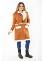 Şans Women's Plus Size Camel Shepherd Button Nubuck Coat