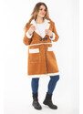 Şans Women's Plus Size Camel Shepherd Button Nubuck Coat