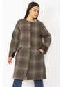 Şans Women's Milk and Coffee Checkered Printed Buttoned Faux Leather Coat with Garnish, Unlined and Stamped