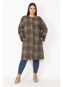 Şans Women's Milk and Coffee Checkered Printed Buttoned Faux Leather Coat with Garnish, Unlined and Stamped