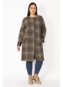 Şans Women's Milk and Coffee Checkered Printed Buttoned Faux Leather Coat with Garnish, Unlined and Stamped