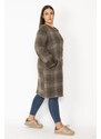 Şans Women's Milk and Coffee Checkered Printed Buttoned Faux Leather Coat with Garnish, Unlined and Stamped