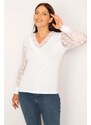 Şans Women's Plus Size White V-Neck Blouse with Lace Collar And Sleeves